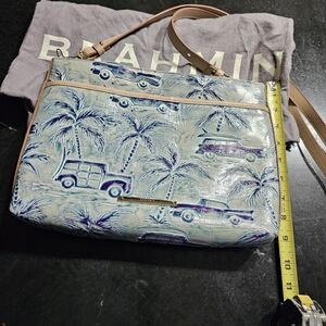 Brahmin Blue and Tan Crossbody Bag with Palm and Car Design